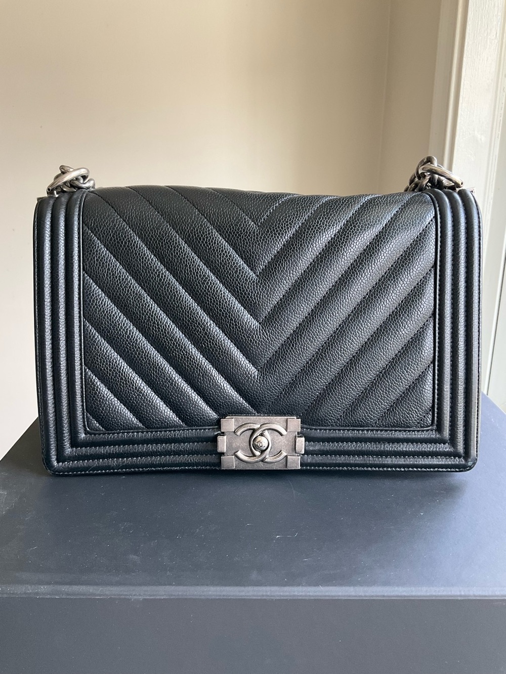 Chanel Black Caviar Chevron Large Boy Bag